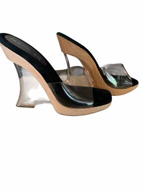 RARE! Kris K PVC Acrylic Wedge Slide Sandals with Black Footbed-7.5/8.5